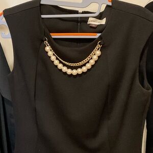Calvin Klein Black Sleeveless Dress with Faux Pearl and Gold Chain
